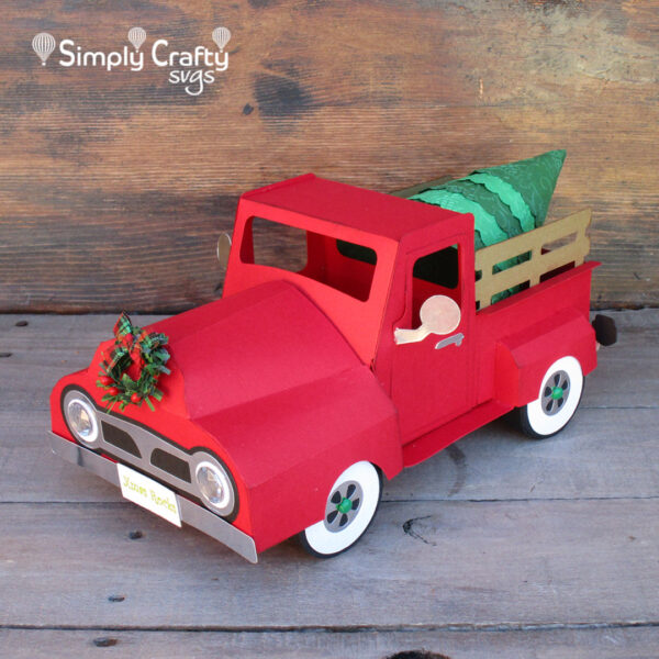 3D Vintage Red Truck SVG with Christmas Tree